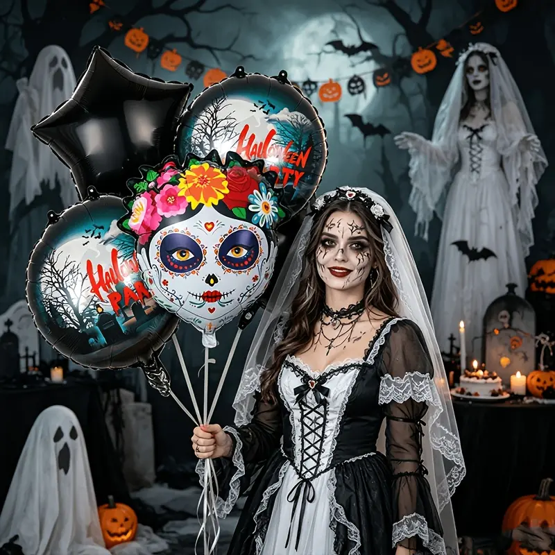 5 Sets 25Pcs Floral Ghost Bride Skull Foil Balloons, Graveyard Themed Round & Black Star Mylar Balloons, Horror Decorations For Halloween & Day of The Dead, Indoor Outdoor Arch Supplies For Haunted House, Themed Birthday, Retail Shop And Home Party Decor