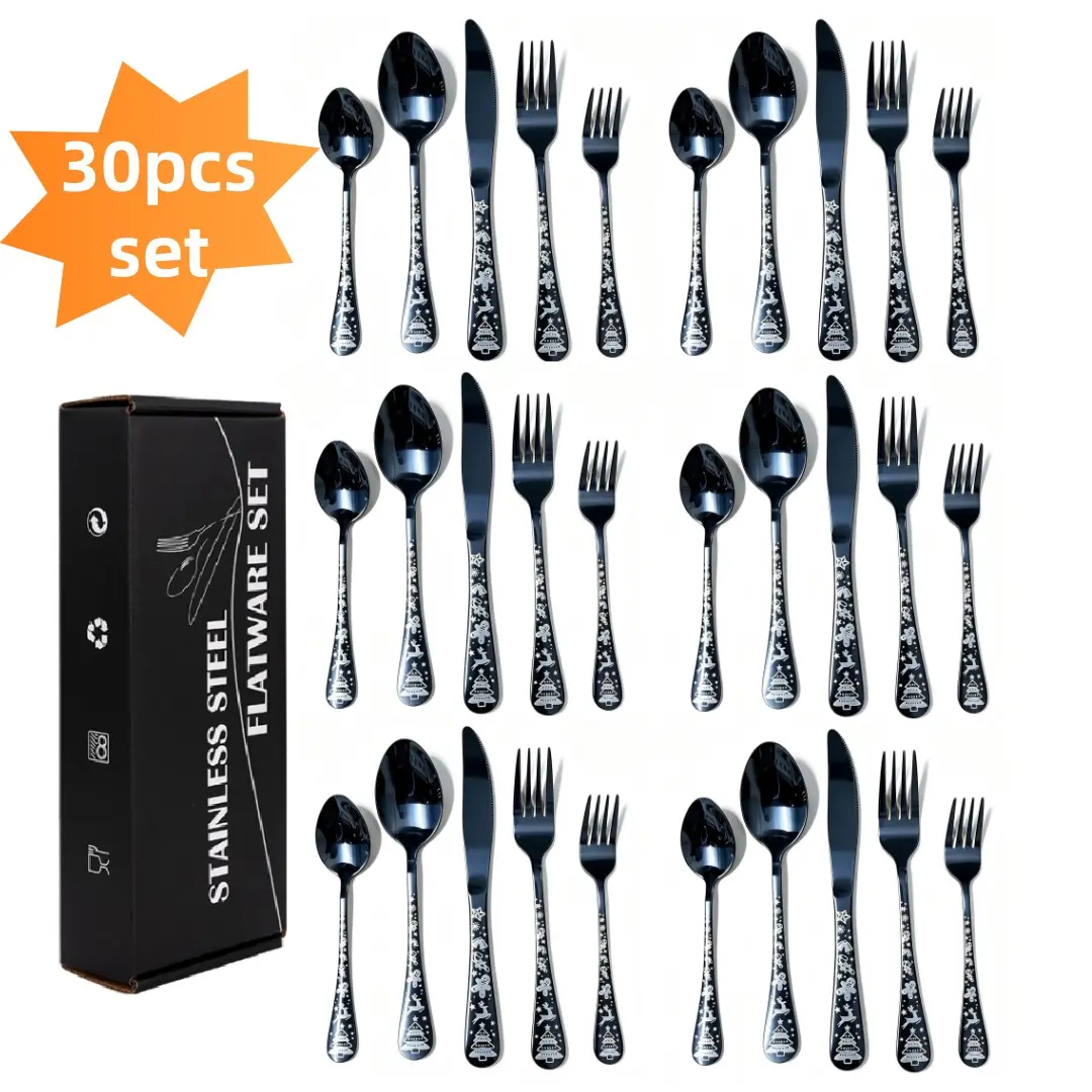 30-Piece Stainless Steel Cutlery Set, Christmas Print, Elegant Design, Easy to Clean, Ideal for Home Dining, Parties, Gifts, Restaurants