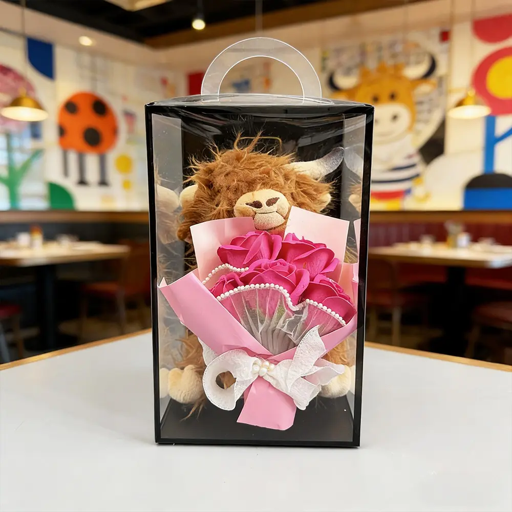 New Highland Cattle Rose Artificial Flower Bouquet Cute Brown Cattle with Eternal Flower Bouquet Decorative Gift for YourLove,Christmas,Halloween,Birthday Girlfriend gifts,Wedding Home Decor Gift Decoration
