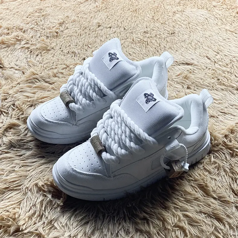 Unisex All-White Chunky Platform Skate Sneakers, Preppy Streetwear Round Toe Shoes, Breathable All-Seasons Casual Trainers with Thick Twisted Rope Laces, Wooden Lock & Pendant for Men Women