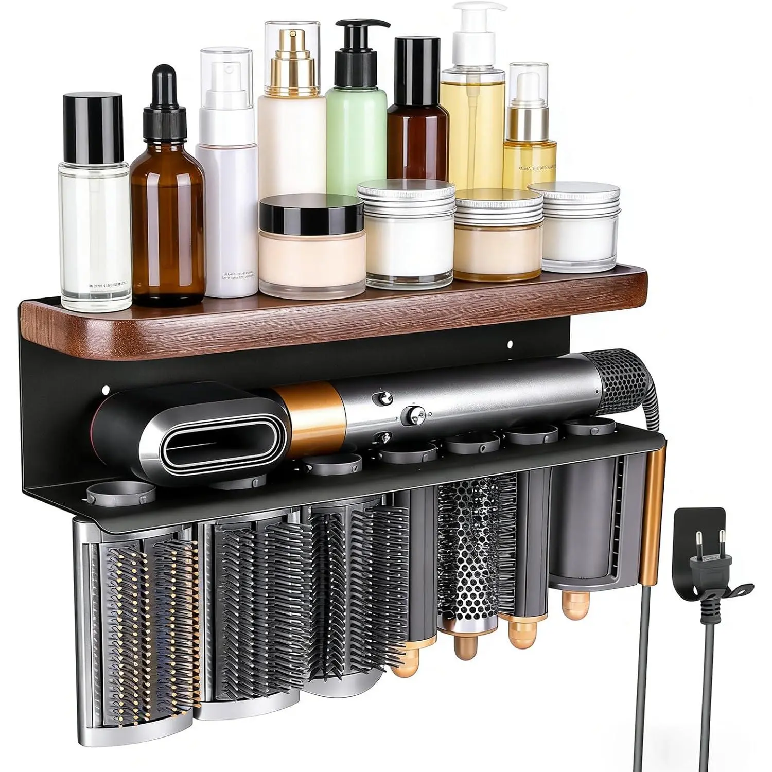 Minimalist Wood-Metal Wall Mount Holder for Dyson Airwrap Styler, Vanity Storage Rack for Hair Tools - Curling Iron, Attachments, Brush Compatible with Dyson Airwrap (Bathroom Home Supply)