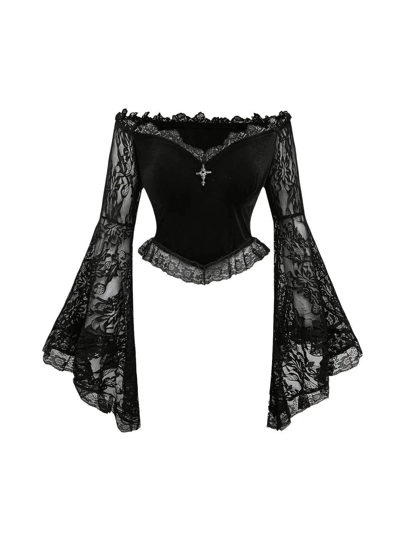 Gothic one-shoulder lace bell-sleeve velvet bodycon top for women Halloween parties underground dance events