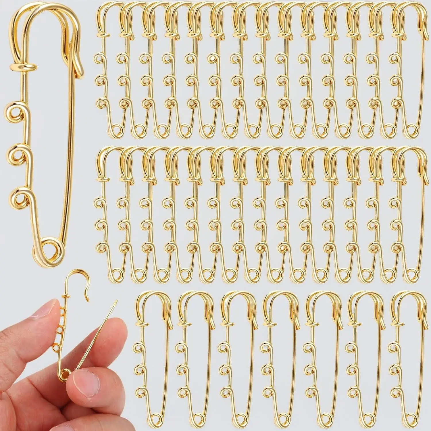 50-Pack Pale Gold Safety Pins – 3-Inch Heavy Duty Blanket Pins with 5 Loops, Brooch & Kilt Pin for DIY Jewelry, Clothing Crafting & Accessory Making (75mm)
