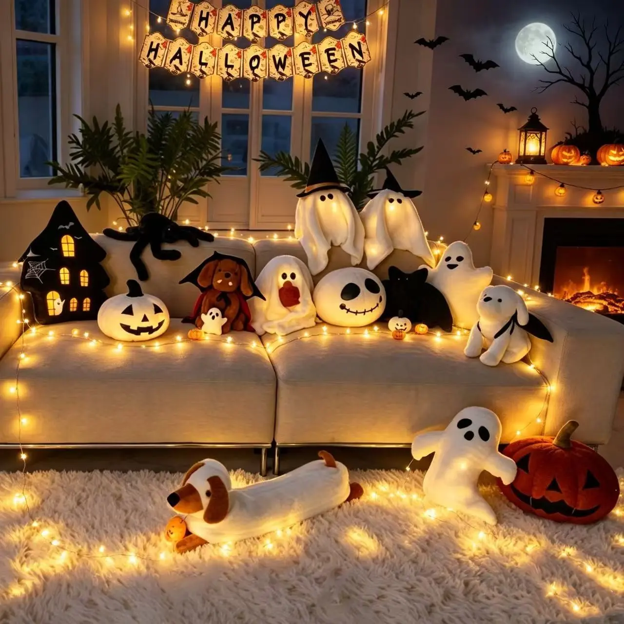 1pc cute and warm white ghost, pumpkin-hugging black bow ghost pillow, pumpkin pillow, spider pillow, skull pillow, little ghost dark pillow, bat dog, vampire Dante Dracula dog, Halloween decorative cushion pillow, holiday home decoration cushion pillow