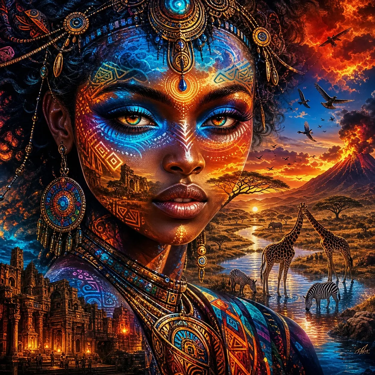 New HD 5D Diamond Painting African Tribal Beauty Savannah Grassland Giraffe Zebra Volcano Sunset Ancient Architecture Totem Face Painting Full Drill Diamond Art Wall Decor Gift