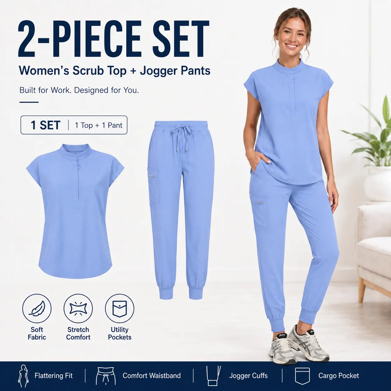 Women's 2-Piece Silky Soft Stretch Cap Sleeve Button Work Top & Drawstring Jogger Pants, All-Day Comfort Uniform Clothes