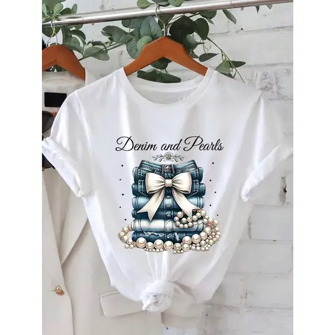Women's Denim Pearl Print Crew Neck Short Sleeve Shirt |   Casual and stylish top, fashionable women's clothing, ideal for birthdays and holiday gifts, a summer must-have.
