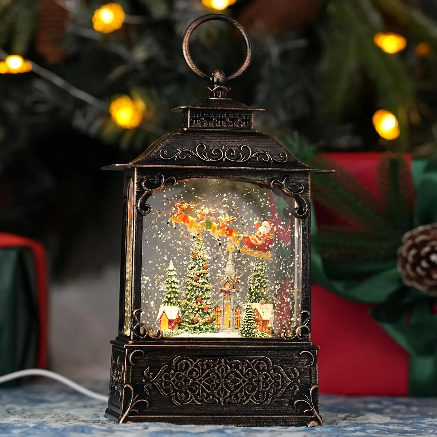 Christmas Snow Globe with Santa & Flying Reindeer Sleigh Church Sence, Light Up Christmas Snow Globes with Music Timer - Glitter Globe Indoor Christmas Decorations