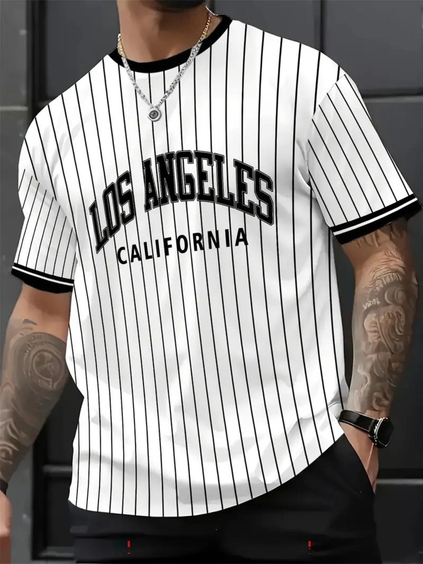 Men's Fashion Round Neck Graphic Tee, 3D Printed Los Angeles Stripes Design, Comfortable Fitted Summer Casual Wear, Perfect Gift for Boyfriend