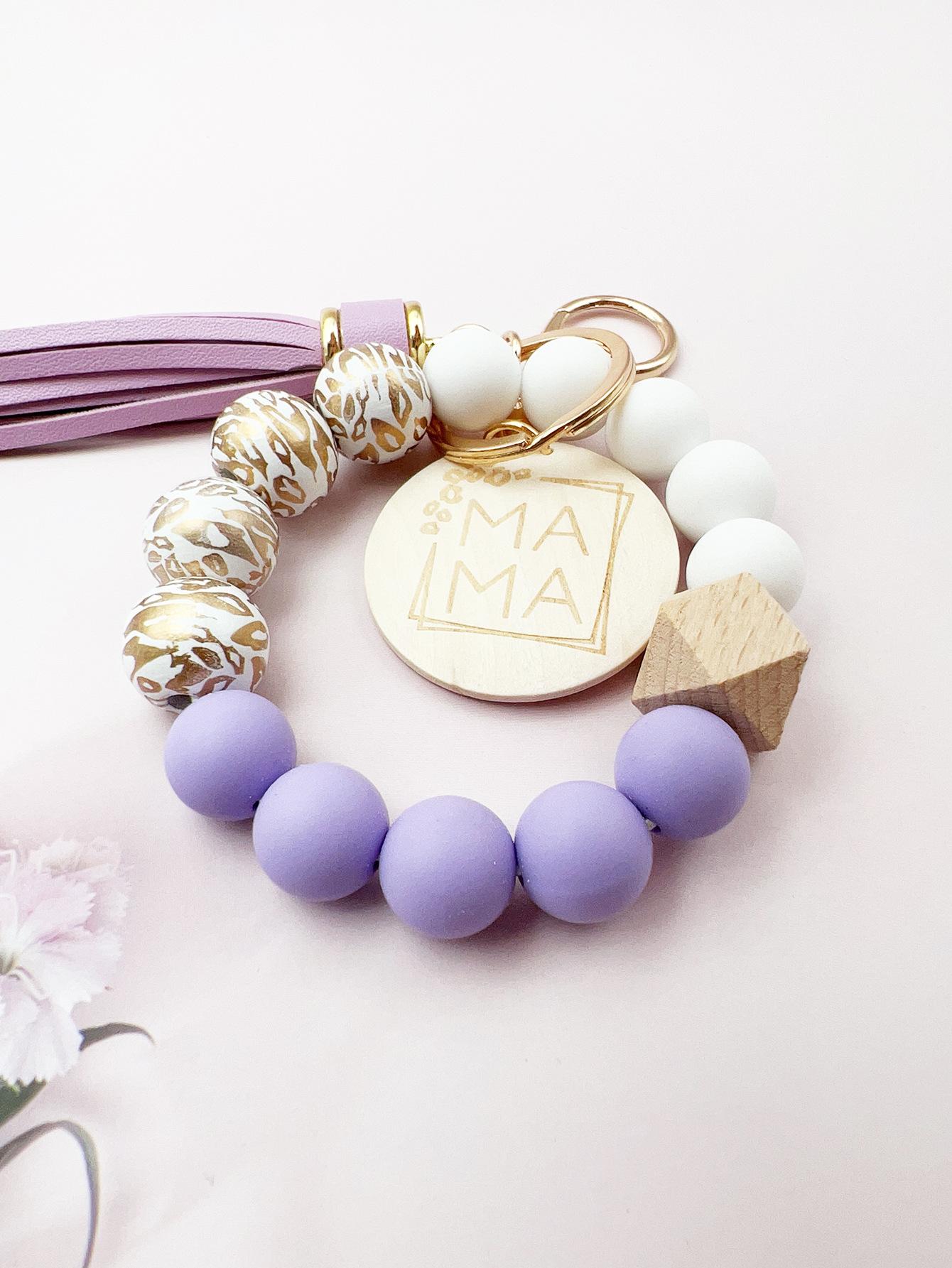 Wrist keychain, bag pendant, key ring, silicone bead bracelet, tassel, wooden beads, MAMA wood piece