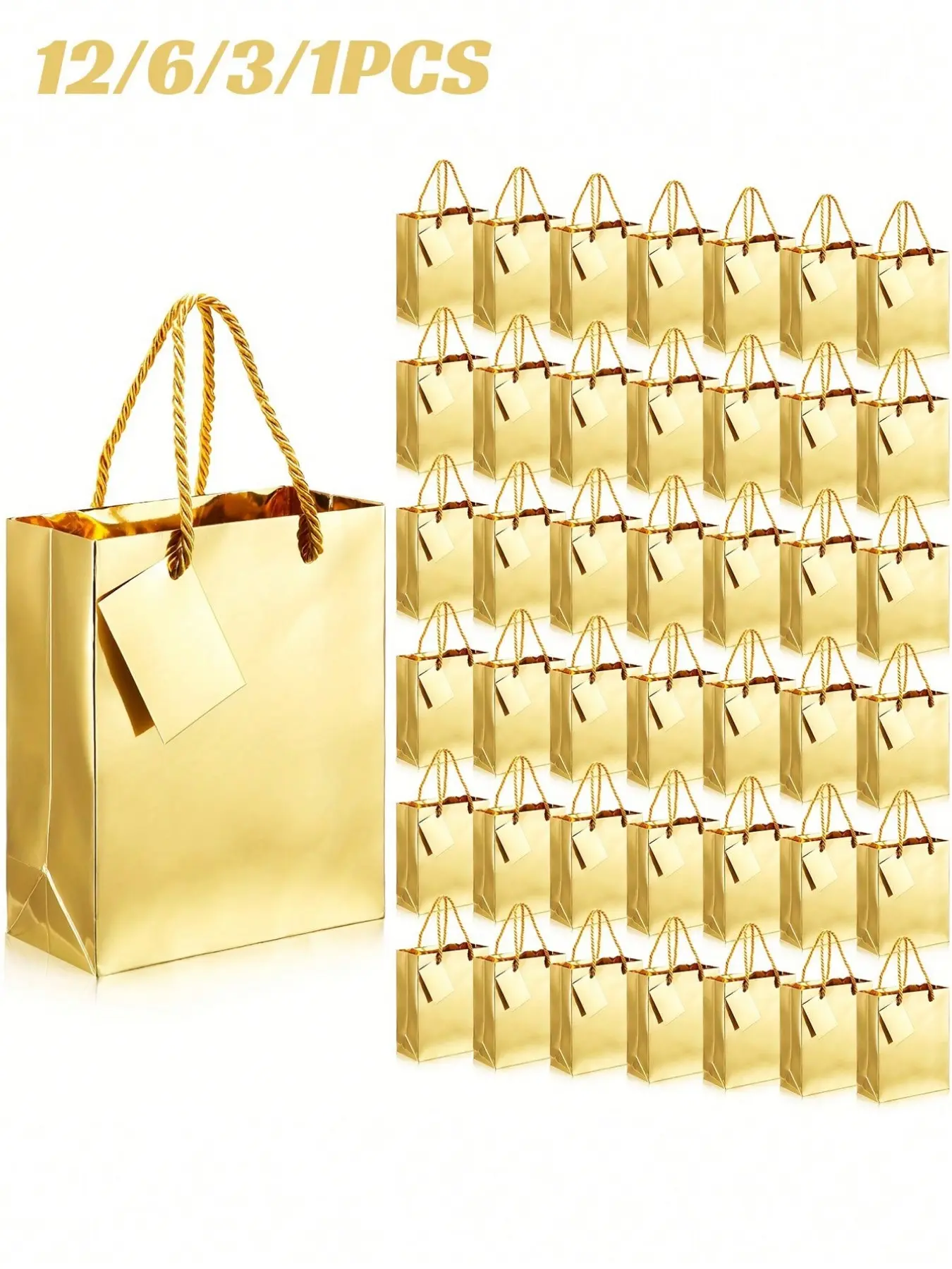 Metallic Gold Gift Bags with Labels, Waterproof Glossy Handbags, Party Bags Ideal for Birthday Parties, Anniversaries, Weddings, 12/6/3/1 Pack