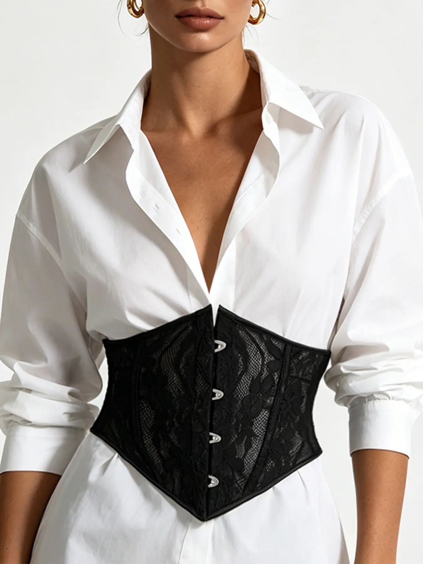 Black Lace Fishbone Corset Belt for Women Sheer Floral Underbust Waist Cincher Tummy Control Hourglass Shapewear Shirt Dress Office Date Outfit