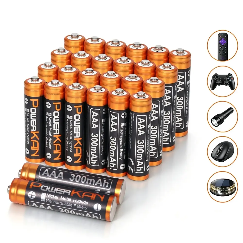 PowerKAN AAA 1.2V 300mAh True Capacity Ni MH Rechargeable Solar Batteries, Triple A Battery, Replacement Battery for Outdoor Solar Lamps, Panasonic Cordless Phone, LED String Lights, TV Remote Control, Wireless Mouse, Flashlight