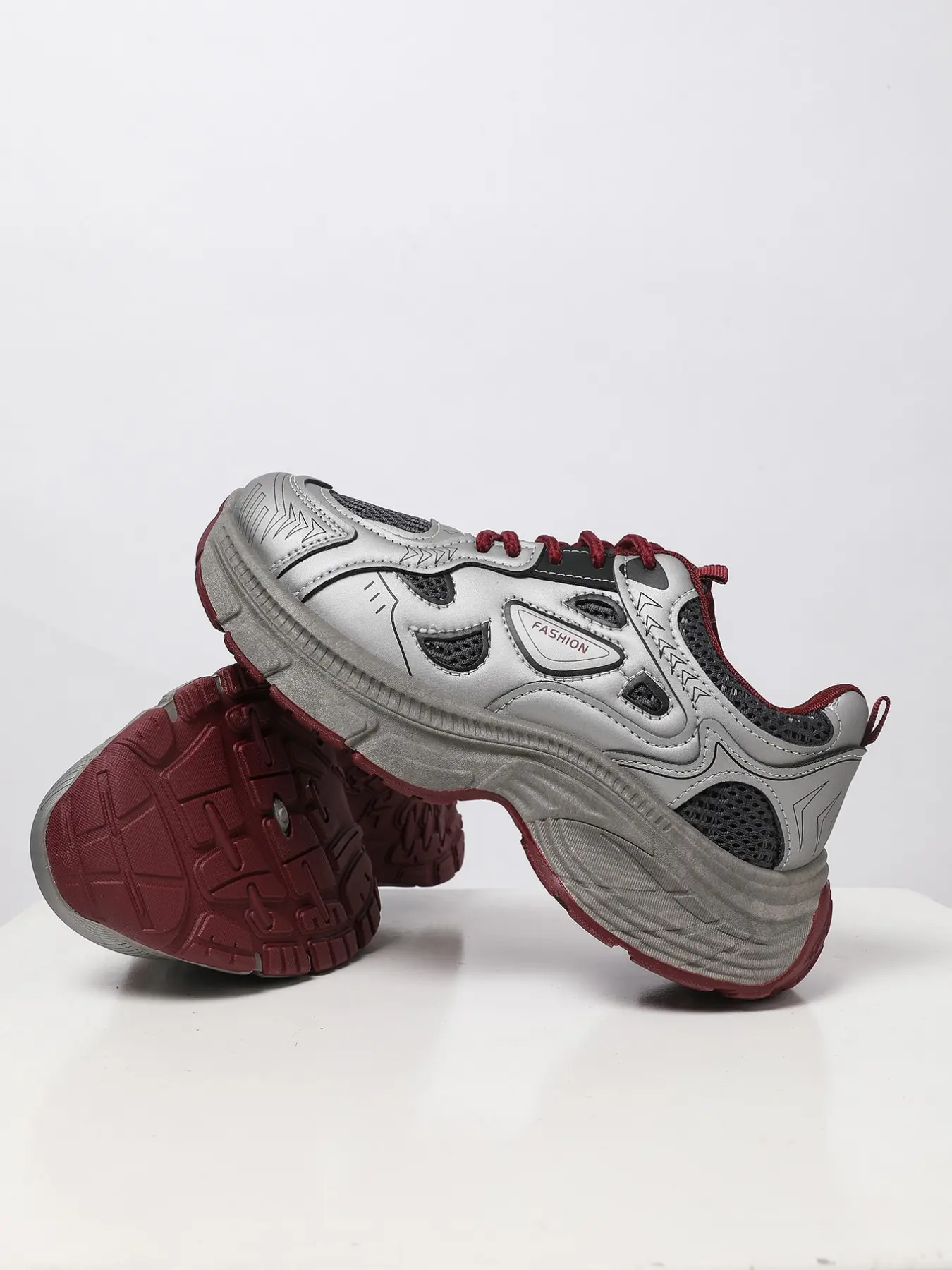 Women Breathable Mesh Panel Platform Dad Sneakers, Lace Up Metallic Contrast Chunky Walking Trainers, Silver Burgundy Colorway