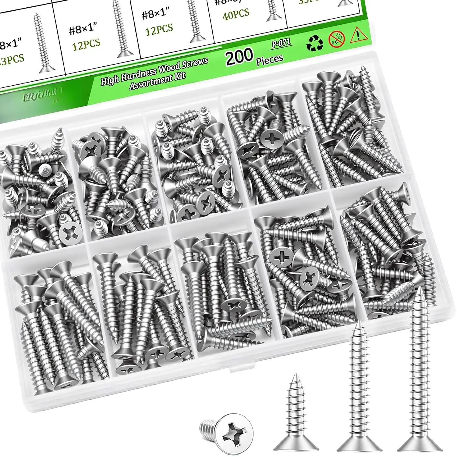 200 count 304 Stainless Steel High Hardness  Screws  Kit, 3 Sizes #8×1/2",#8×3/4",#8×1",Phillips Drive Flat ,  Screws, Screws,  Screws, Screws Set,Sheet Metal Screws