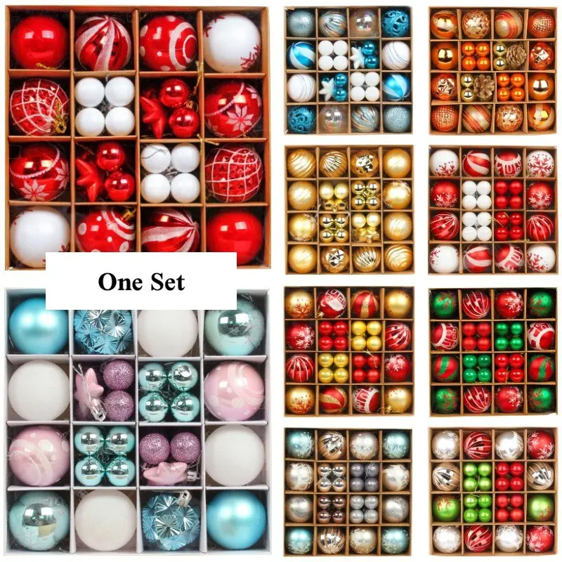 42/44Pcs Set Christmas Tree Ornaments Baubles Gift Box Classic Vintage Luxury Aesthetic Shatterproof Painted Glittery Gold Red Green Blue Pink Star Snowflake Home Holiday Party Decor Christmas Decorative Ornaments