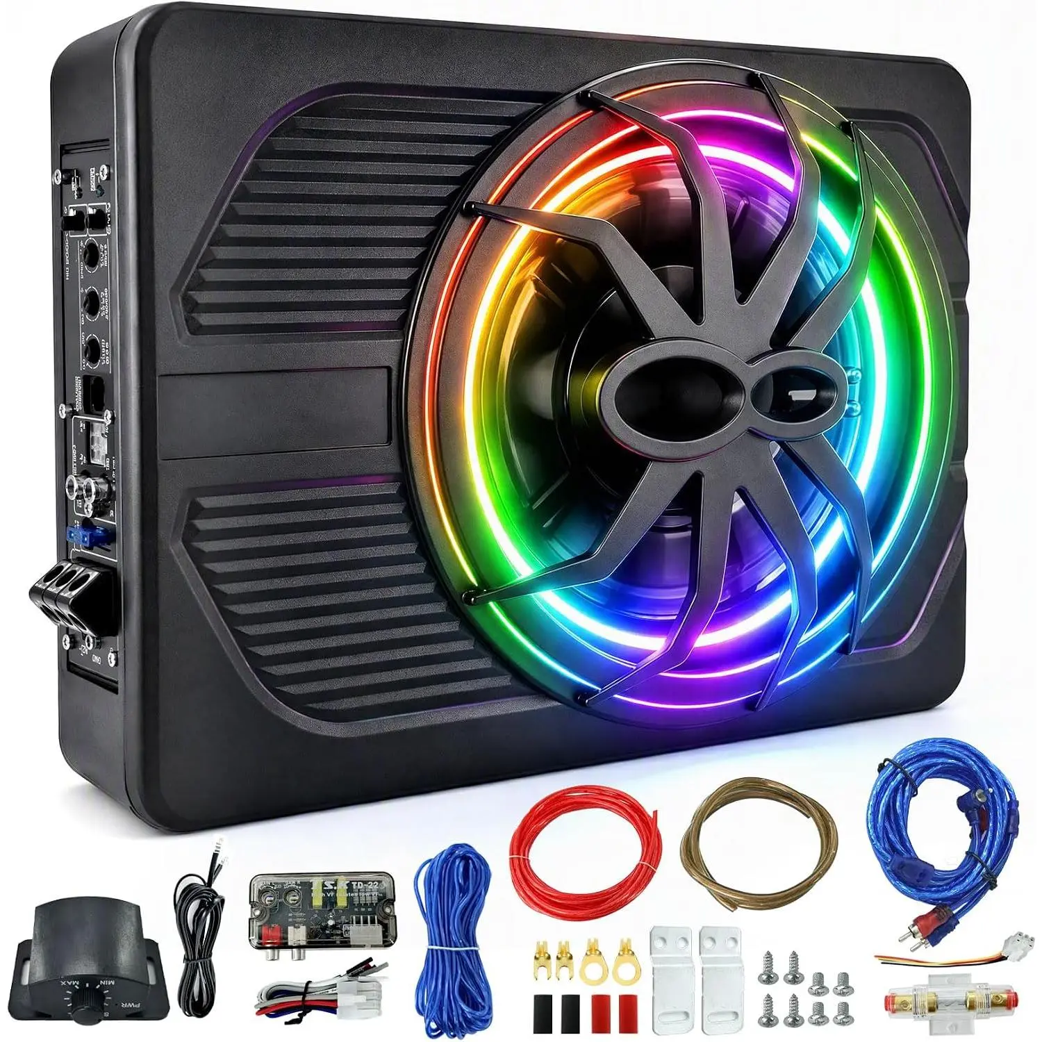 10"1200W Under Seat Subwoofers With Amp,All-in-One Subwoofer And Amp Package With RGB Light&Robust Cooling,Individual Control for Low Pass/Gain/Boost Bass,Perfect Deep Bass for Car/Truck/SUV/Jeep/MPV