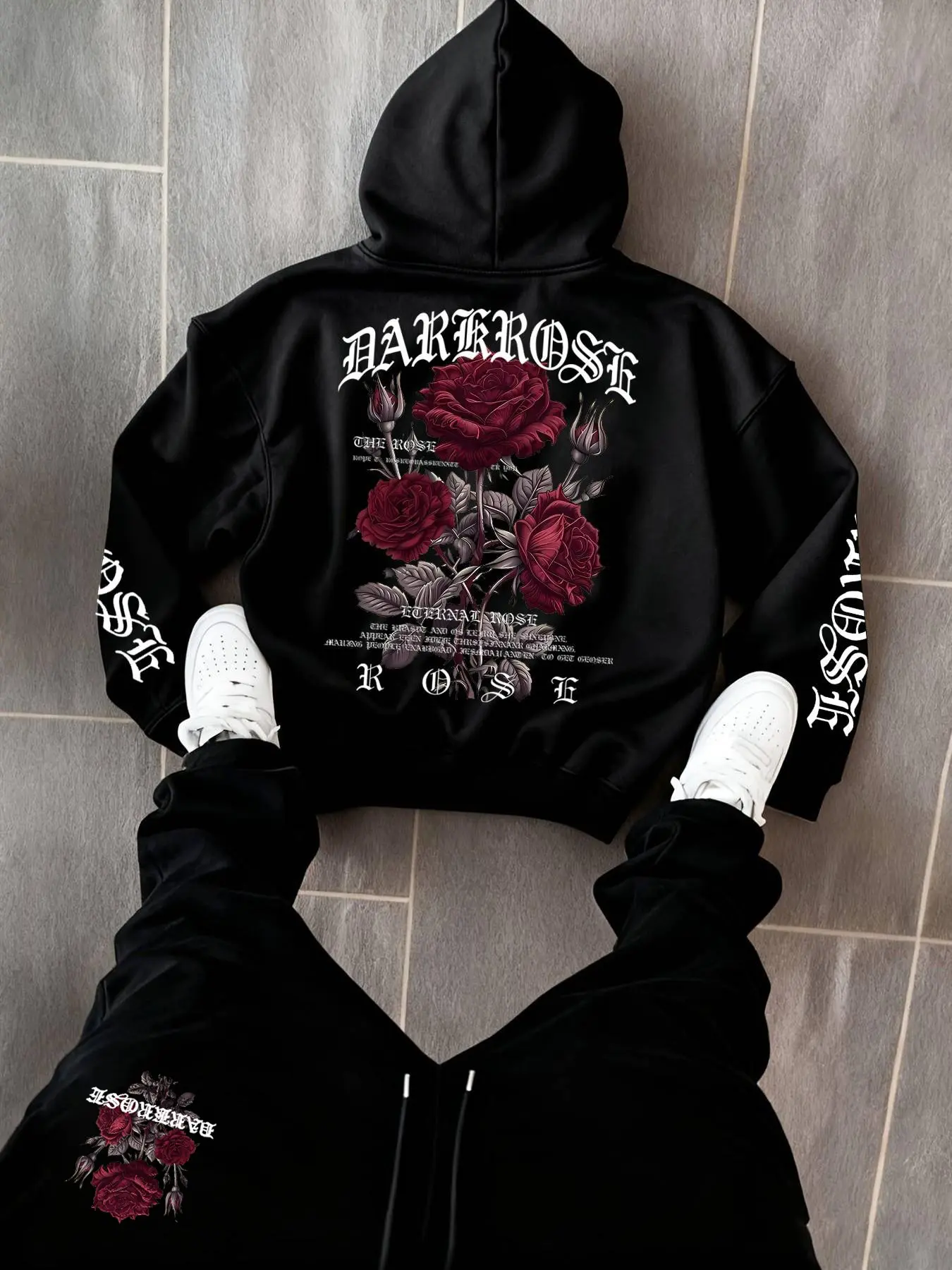 Men's Casual Fitted Suit, Letter Rose Print Hoodie + Drawstring Sports Pants, Outdoor Daily Wear, 2-Piece Set, All Seasons