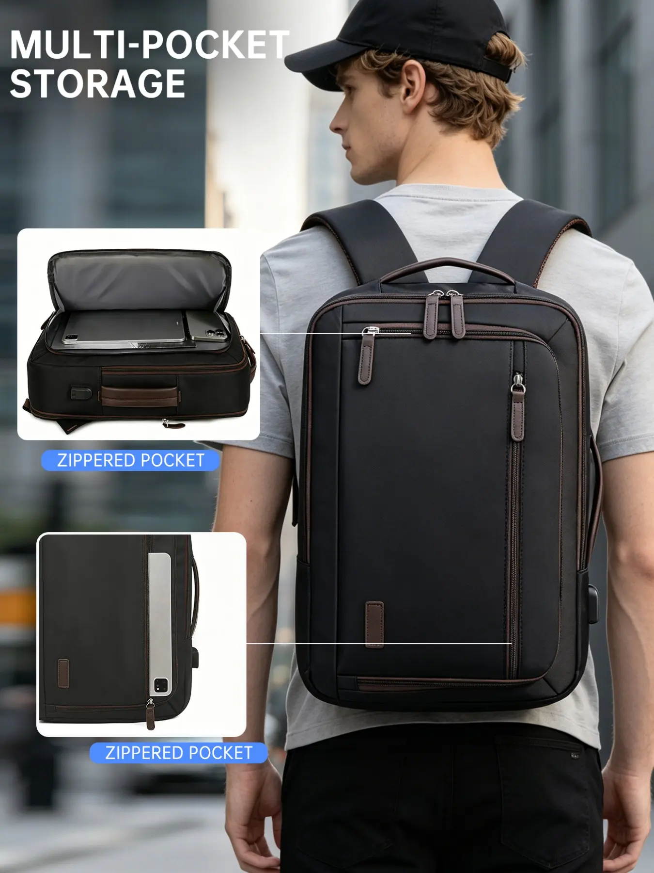 Back-to-school ,Compact Men's Nylon Backpack, Extensible Large Capacity Travel Bag for Work and University, Durable and Spacious, Casual Style, Suitable for Women