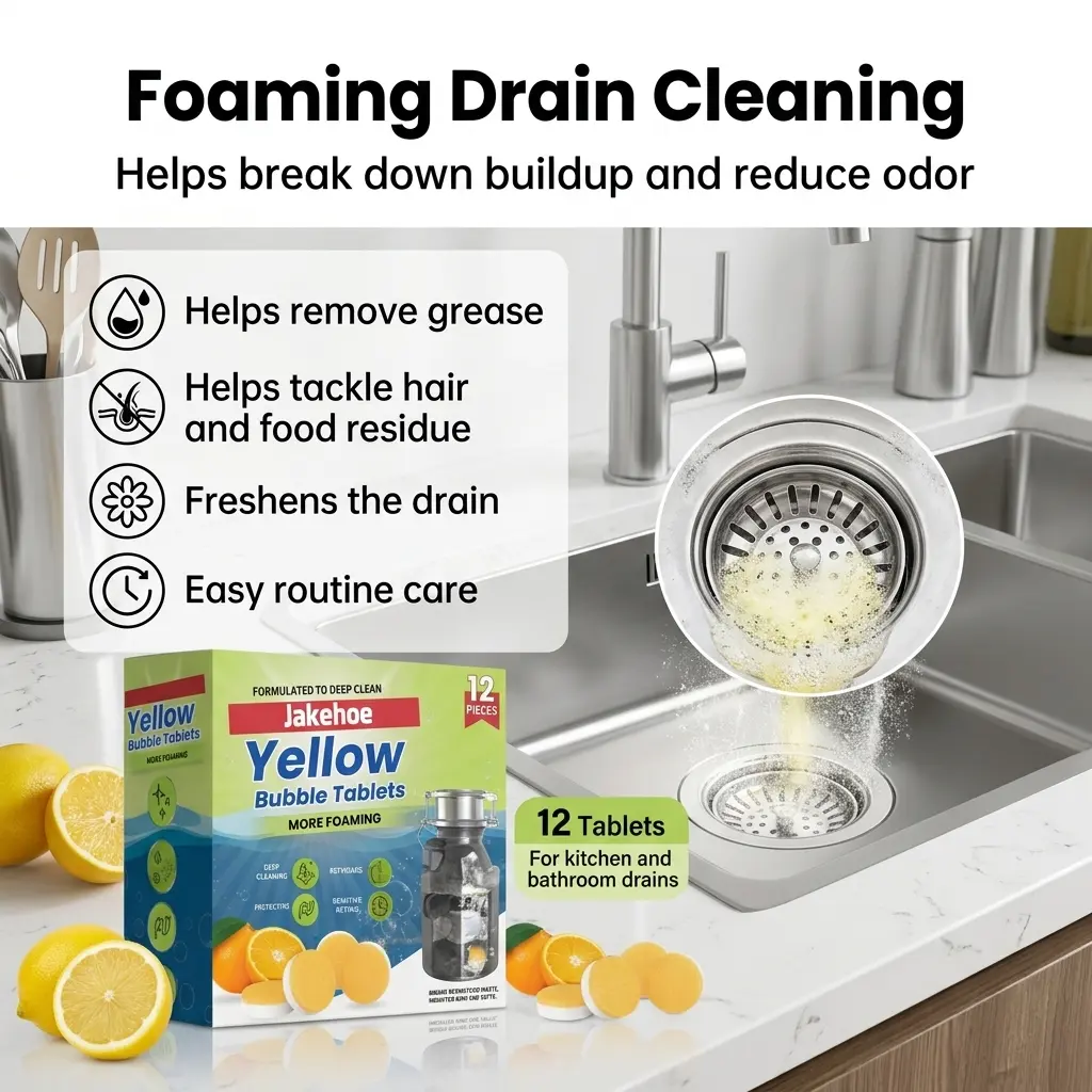 Drain Cleaning Tablets, Household Drain Clog Remover Tabs for Kitchen Sink, Bathroom Drain, Sewer Pipes, Hair, Grease Buildup, Oil Residue, Slow Drains, Odor Care, Pipe Cleaner, Drain Deodorizer and Daily Home Drain Maintenance Use
