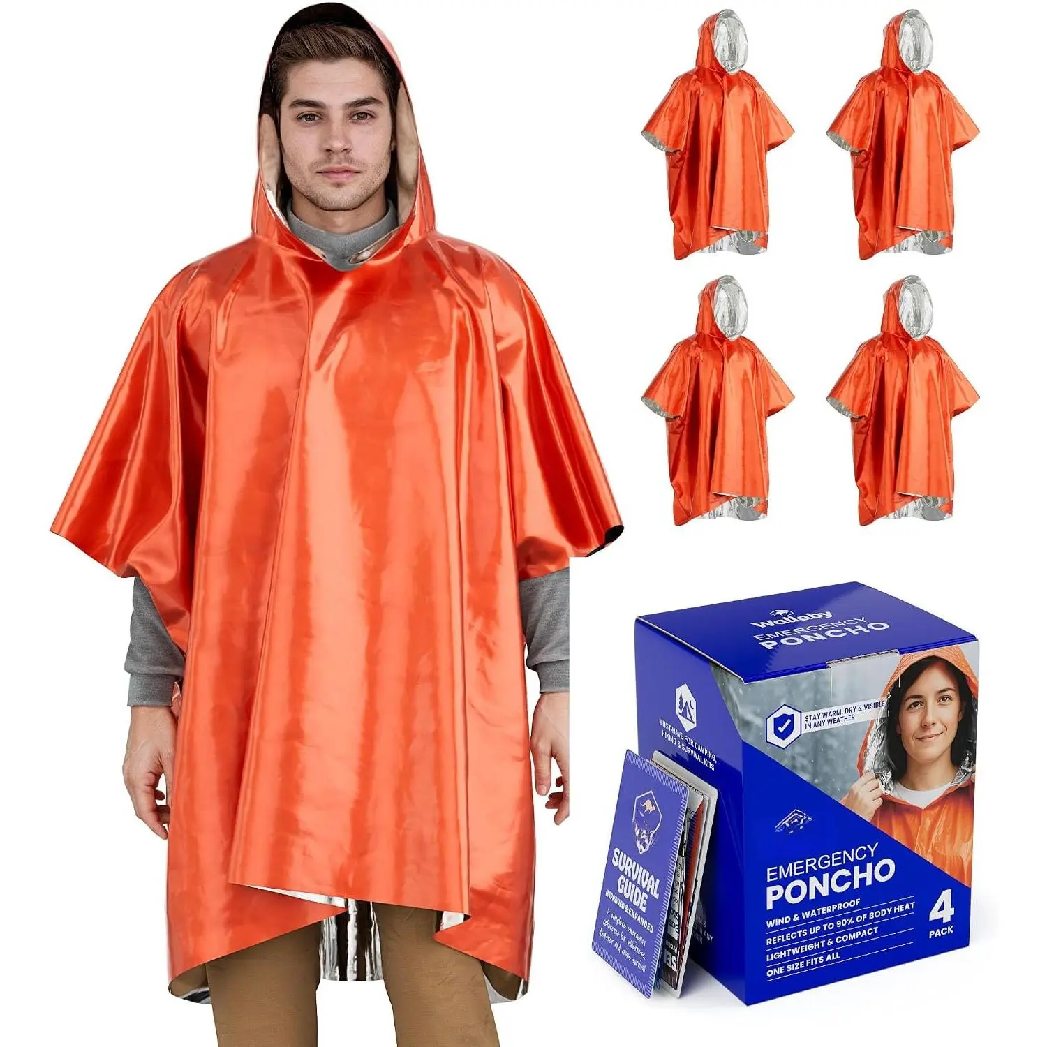 4-Pack  Mylar Ponchos –  Fit Thermal Poncho with 90%+ Heat Retention, Lightweight Rain, Cold, Heat,  Protection + Free  Guide (Orange)