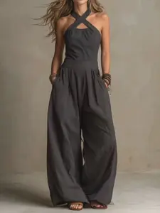Women's High-Waisted Pleated Romper, Boho Cross-Neck Wide Leg, Lightweight Commuter, Casual Loose-Fit, All Seasons