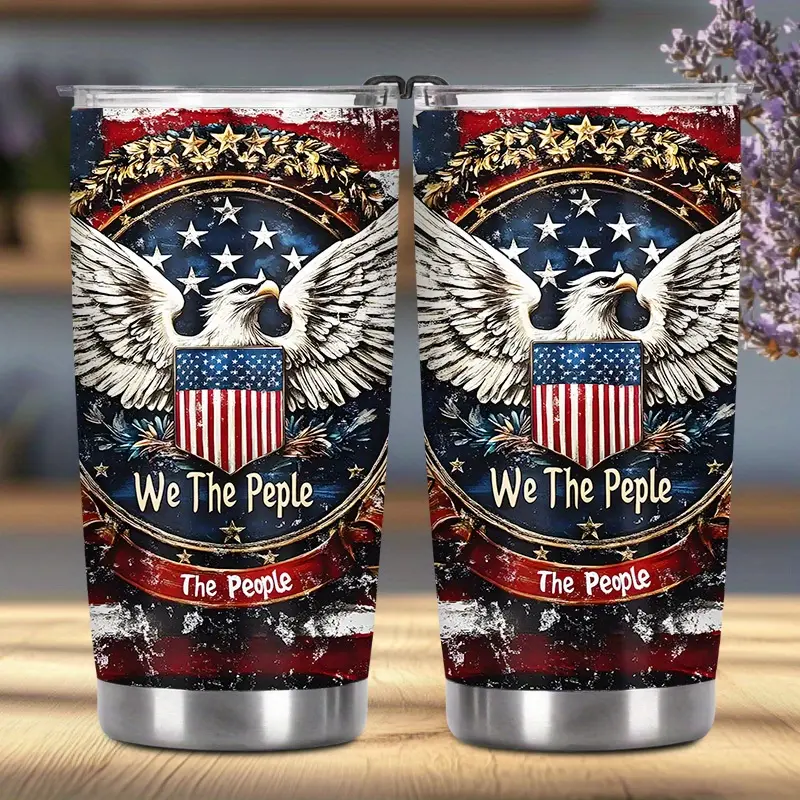 20oz Patriotic Flag Vacuum Insulated Stainless Steel Flask - Eagle Pattern, Double Wall, Leak-Proof, Car Cup Holder-Fit, Reusable Insulated Mug Tumbler with Lid for Travel, Hot and Cold Water Drinkware, Hot And Cold Water Vacuum Flasks