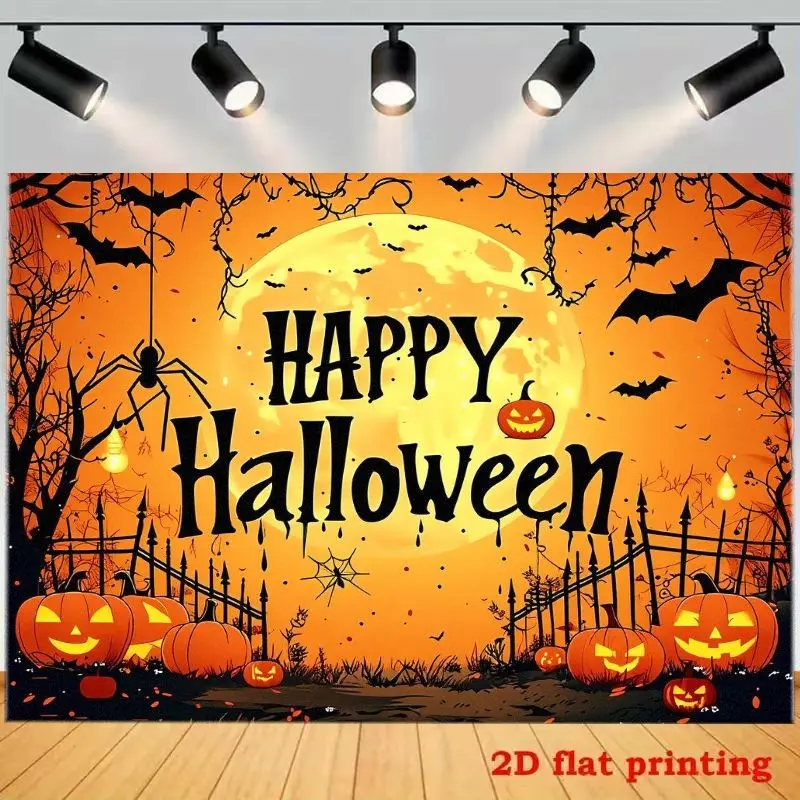 2D Flat Banner 1pc Happy Halloween Full Moon Pumpkin Bat Spider Backdrop, For Hall, Exhibition, Party Venue, For Halloween Celebration, Themed Party, Holiday Decor, Photo Background, Party Decor Tapestry, Polyester Material
