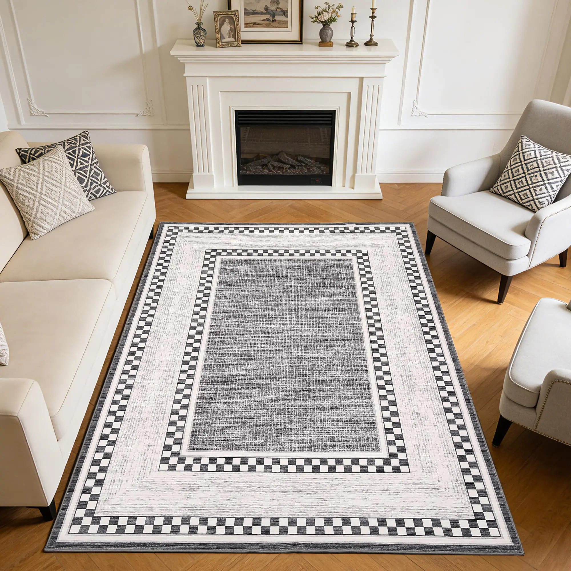 6x9 Washable Area Rug, Modern Double Border Pearl Velvet Carpet, Foldable Soft Rug for Living Room Bedroom Study, Gray