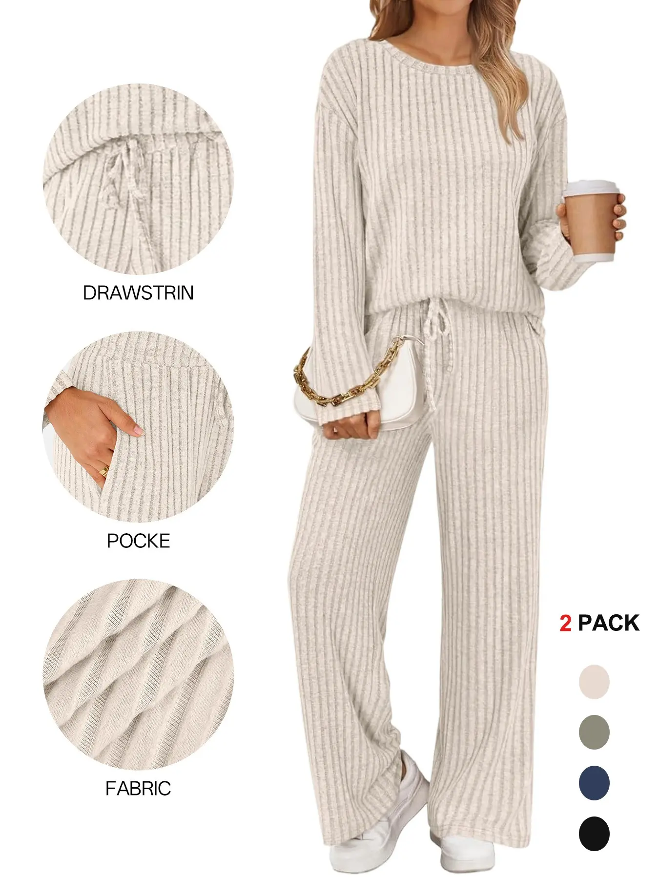 Womens Lounge Sets 2 Piece Matching Pajamas Fall Fashion 2025 Ribbed Knit Outfits Long Sleeve Casual Sweatsuits