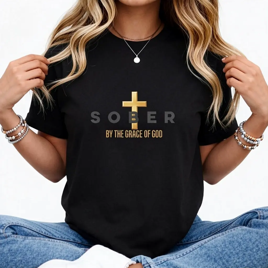 100% Cotton Unisex Sober by the Grace of God - AA Recovery Christian Sobriety T-Shirt