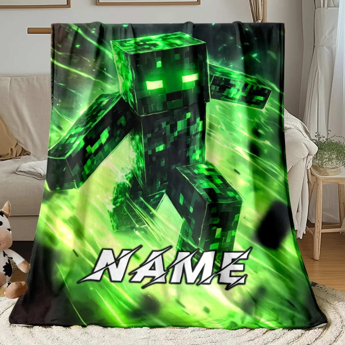 Custom Name Minecraft Green Charged Creeper Lightning Fleece Throw Blanket, Personalized Kids Soft Blanket for Sofa Bed Nap Travel Camping Car, Block Game Custom Gift For Gamers