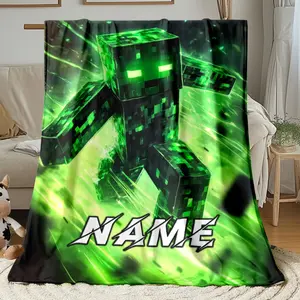 Custom Name Minecraft Green Charged Creeper Lightning Fleece Throw Blanket, Personalized Kids Soft Blanket for Sofa Bed Nap Travel Camping Car, Block Game Custom Gift For Gamers