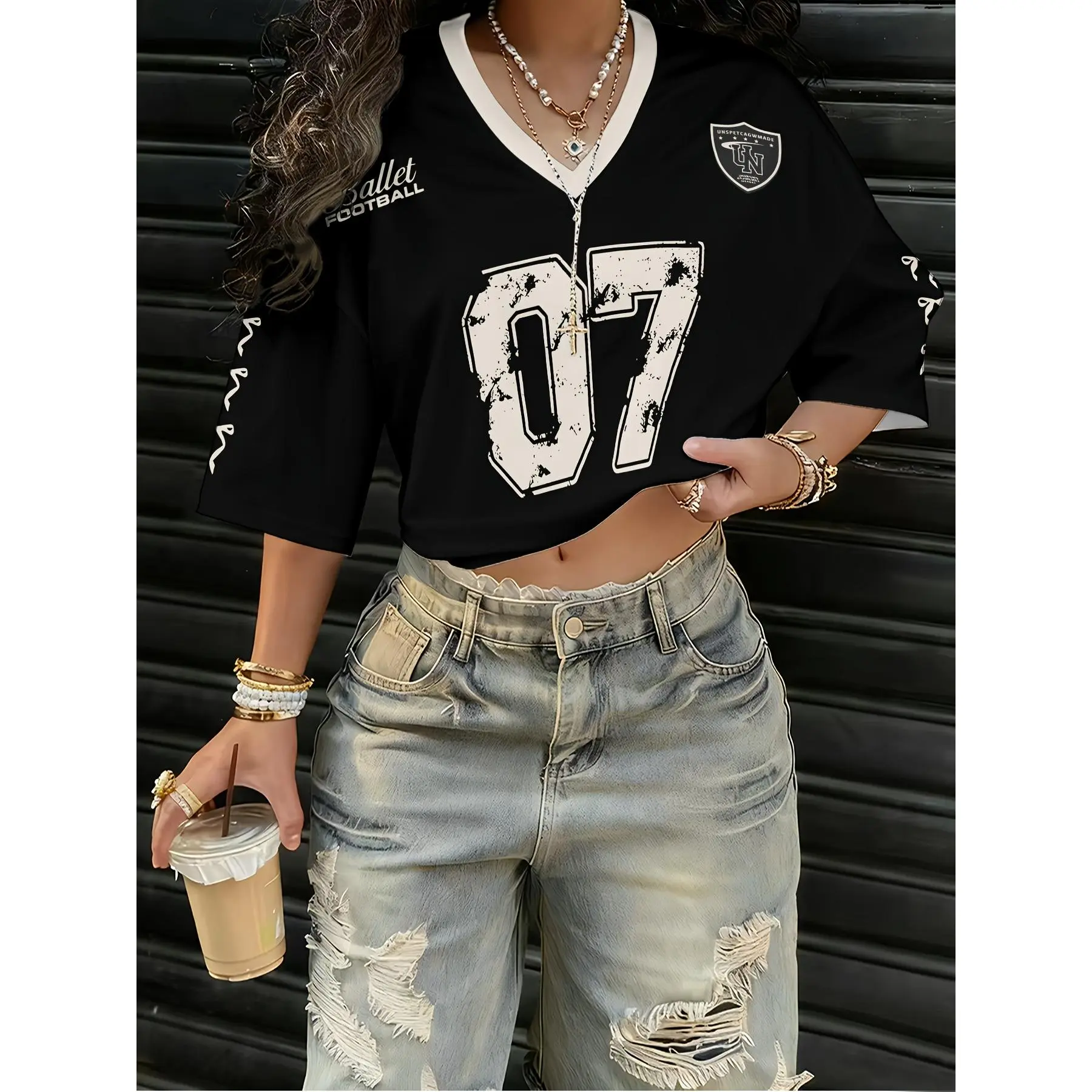 Women's Short Black Cheerleader Squad Uniform T-Shirt - -Neck Lettered CHEERSuit Top, Machine Washable Casual Athletic Wear for Cheerleading, Dance & Spirit Events (Year-Round)