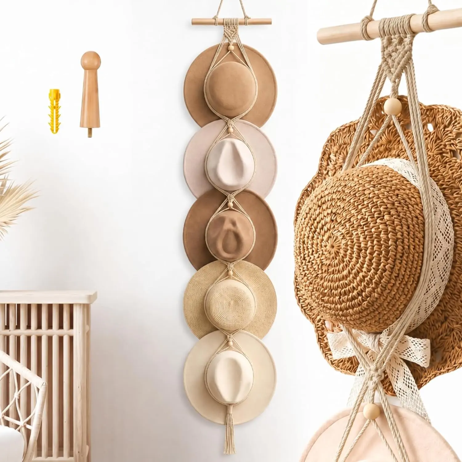 Boho Weave Macrame Hat Hanger - Wall Mount Storage, Western Cowboy Rack Organizer, Beige Decorative Hook for Wall & Back of Door, Holds 5 Hats, Home Supplies
