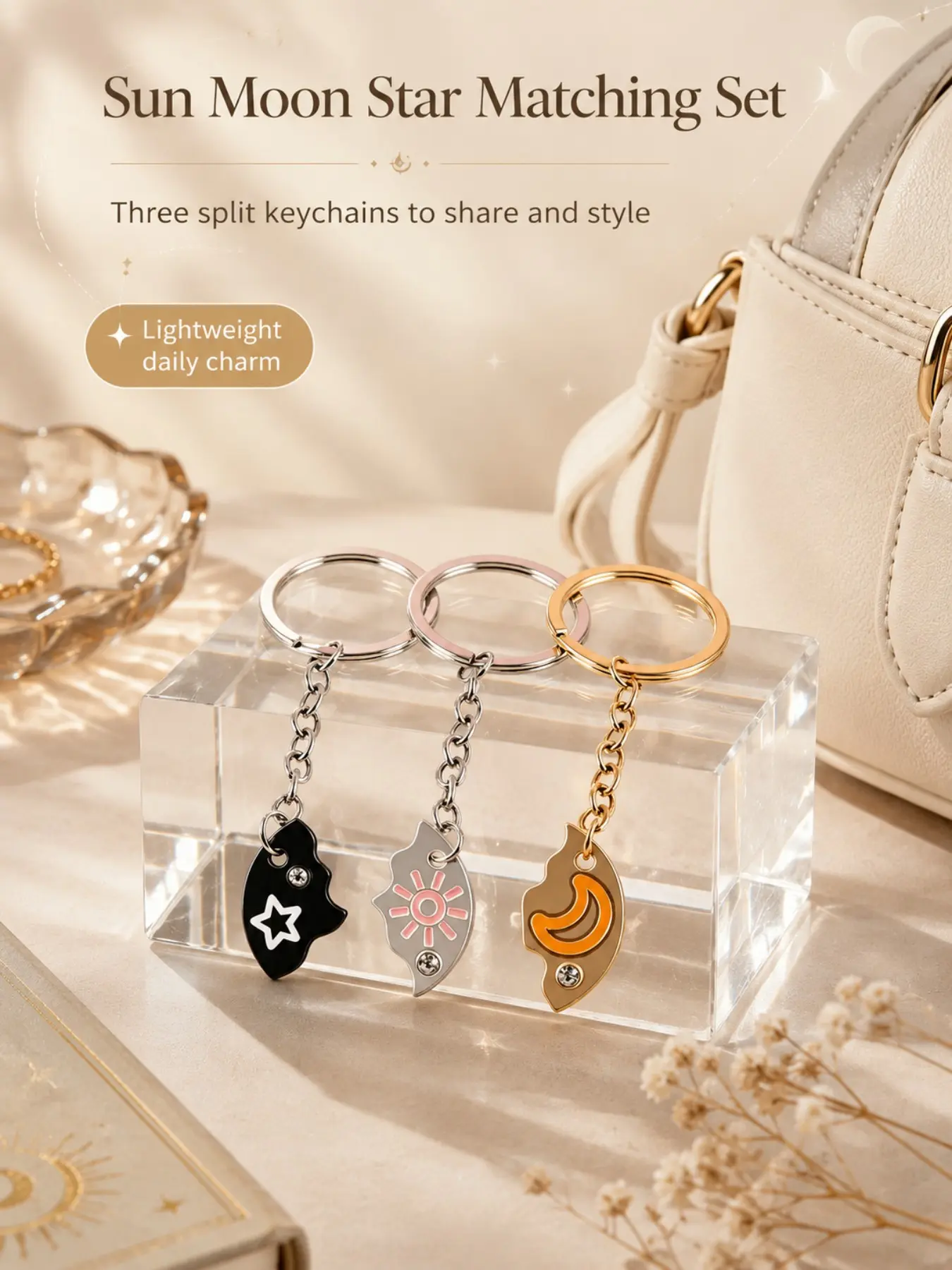 Sun Moon Star Magnetic Split Couple Keychain, Celestial Yin Yang 3-Piece Matching Metal Bag Charm For Lovers & Best Friends