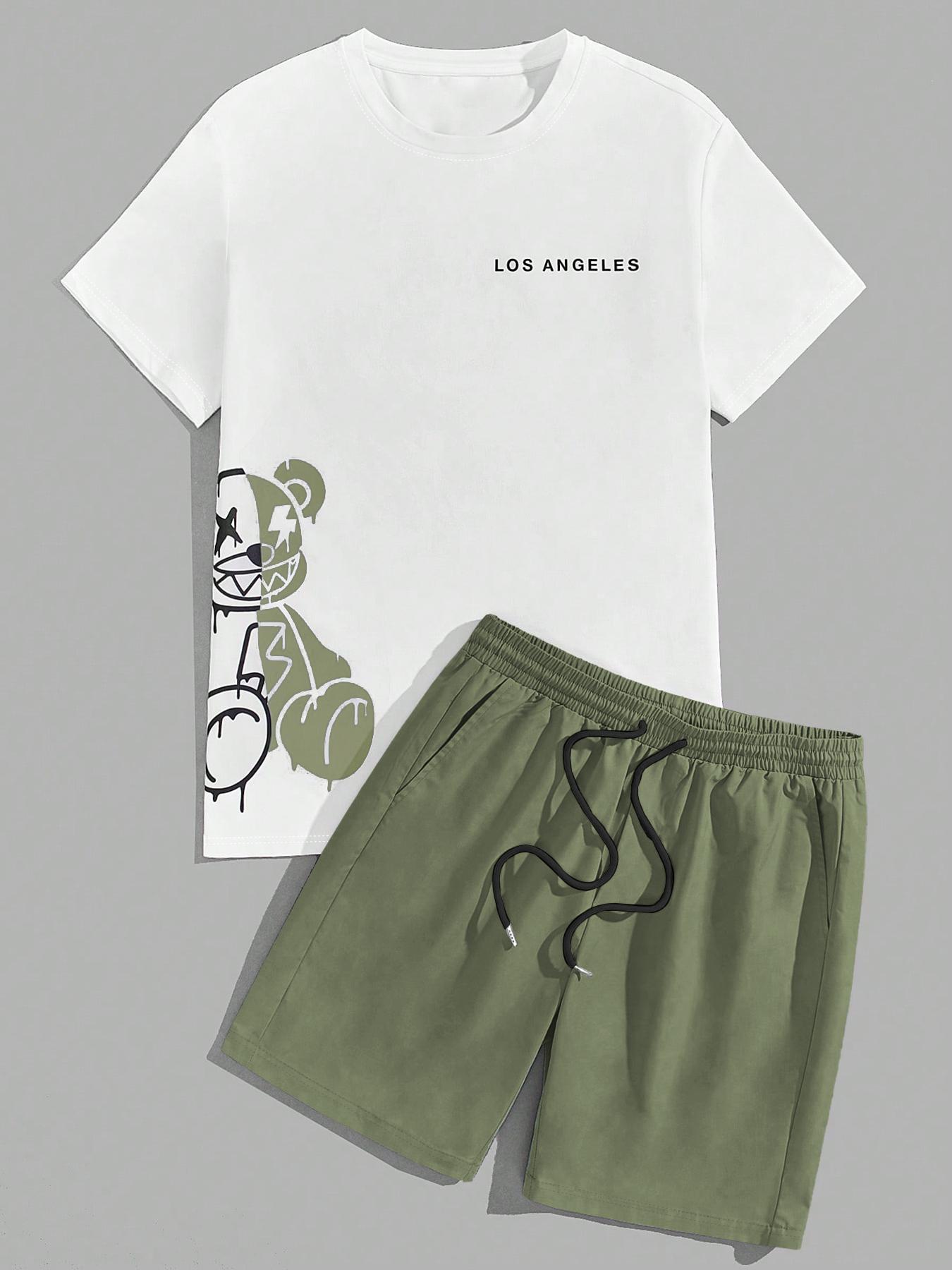 Two-Piece Set Men's Cartoon Bear & Letter Graphic Print Short Sleeve Tee & Shorts Set, Regular Fit Casual Round Neck T-shirt & Track Shorts, Summer Clothes Set for Men