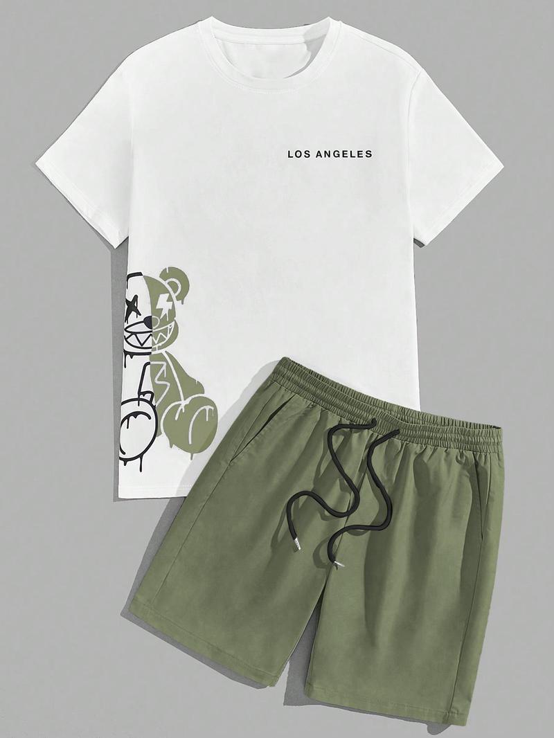 Two-Piece Set Men's Cartoon Bear & Letter Print Short Sleeve Tee & Shorts Set, Regular Fit Casual Round Neck T-shirt & Track Shorts, Summer Clothes Set for Men