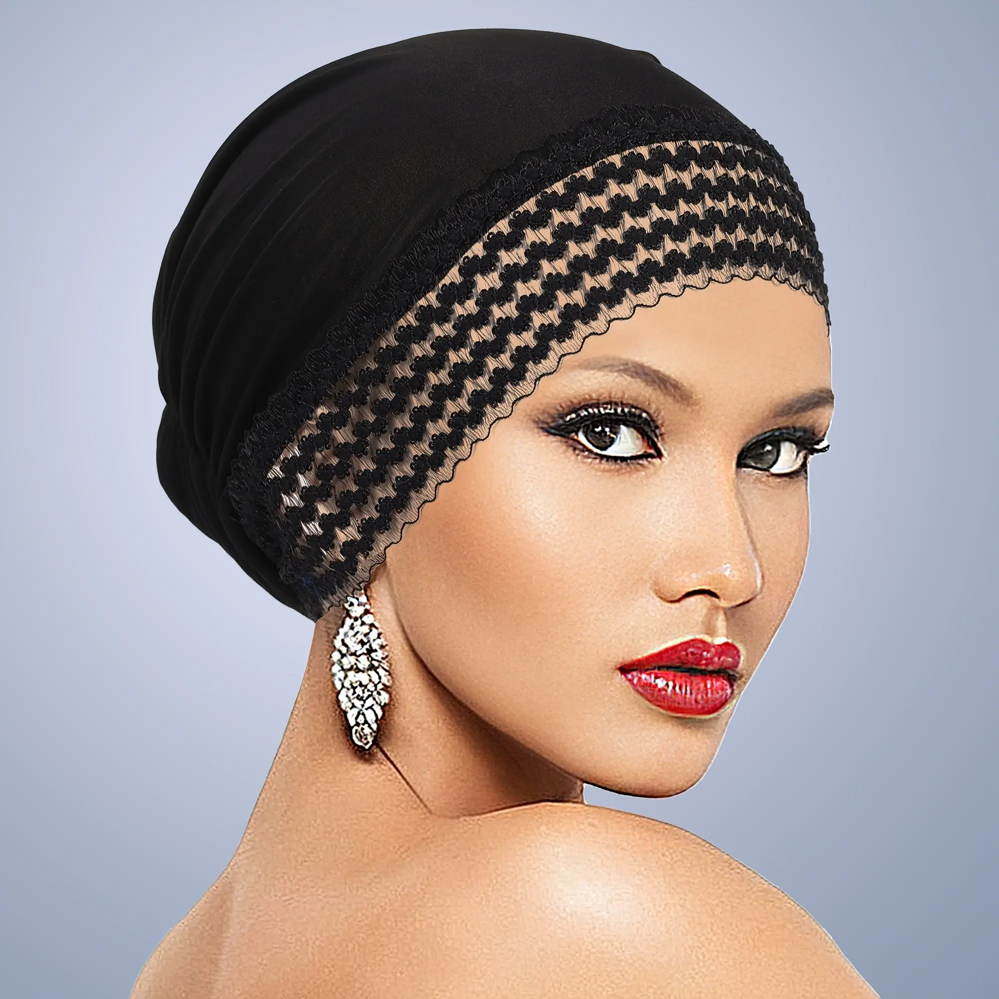 1PCS Women Lace Trim Sports Turban Cap, Elastic Inner Hijab for Yoga Cycling, Daily Sleep Head Wrap, All Seasons, Hand Wash & Dry Clean