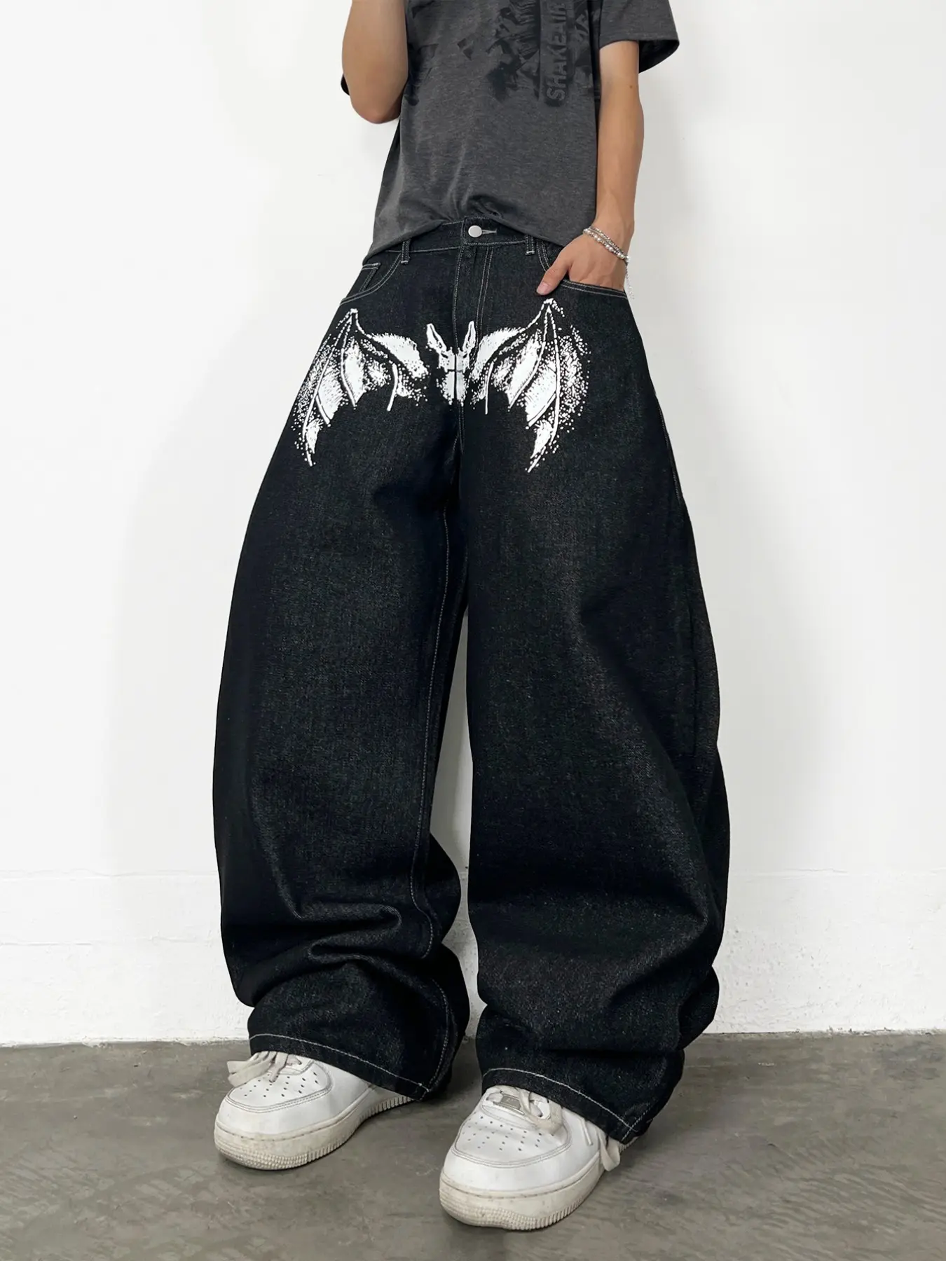 Men's Vintage Print Jeans, Loose Fit Multi-Pocket Design, Y2K Street Style, Fashionable Straight Leg Pants, All Seasons