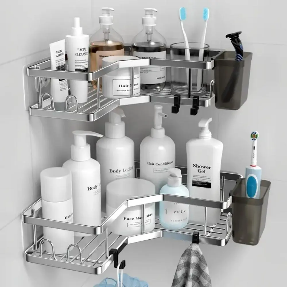 Stainless Steel Bathroom Corner Storage Rack, 2 Counts/set Self Adhesive Shower Corner Storage Rack with Hooks, Bathroom Storage Rack for Bathroom, Dormitory & Kitchen, Organiser