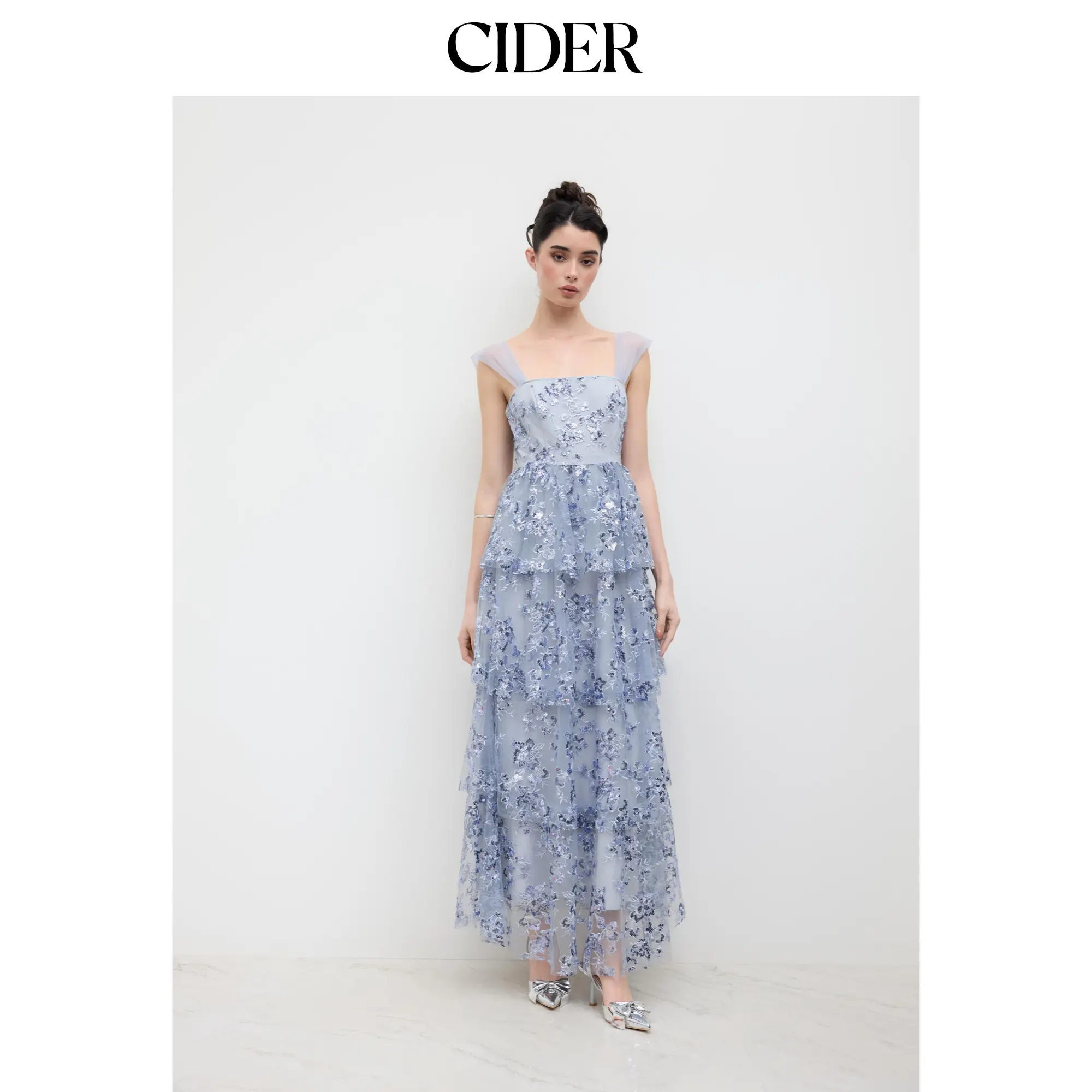 Cider Mesh Square Neck Floral Sequin Tulle Layered Maxi Dress