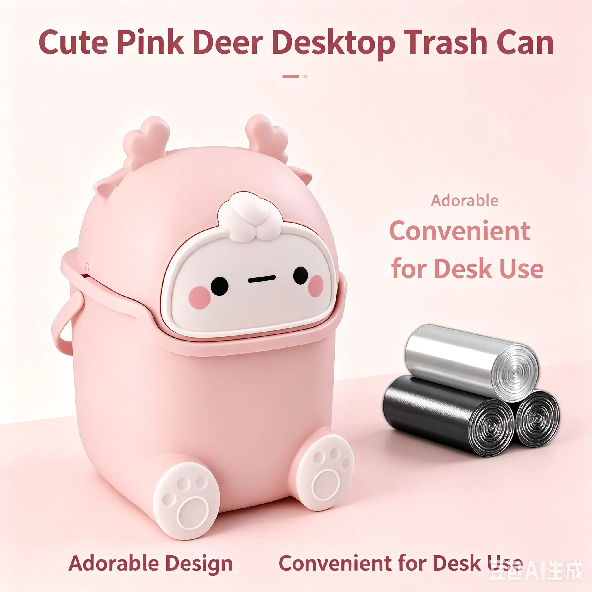 IBEQUEM Cute Pink Deer Desktop Trash Can with 90 Bags - Small Plastic Flip-Lid Countertop Bin for Office, Bedroom