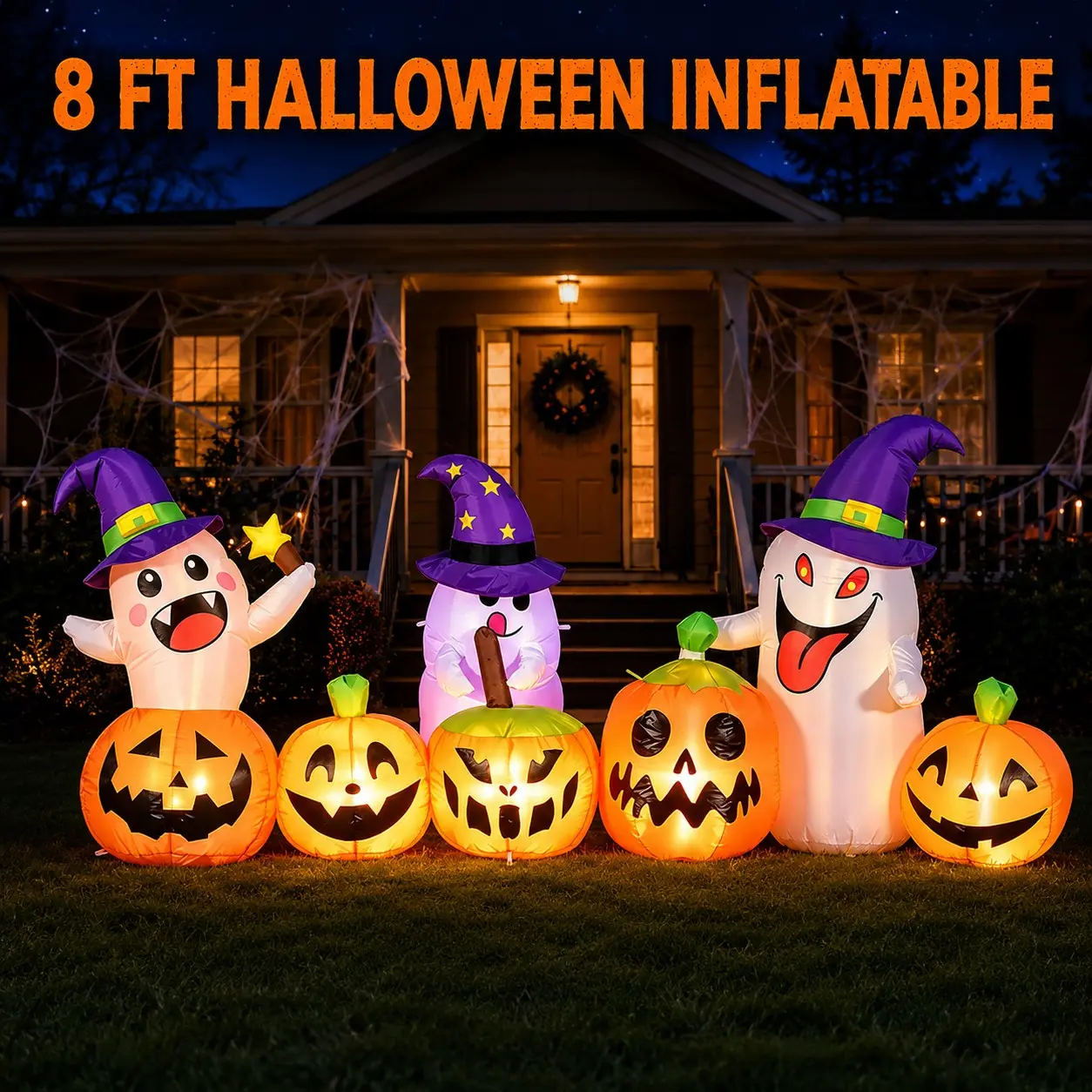 Halloween 2.4m Inflatable Ghost Pumpkin Set with Wizard Hat, LED Lighting, Outdoor Party Decor, Durable and Easy to Store