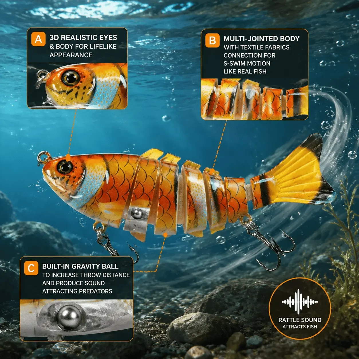15.5g 6-Segment Jointed Glide Bait, Pre-Rigged #6 Hook, Tangle-Free Super Elastic Silicone, Lifelike S-Wave Action, Great for Bass, Boat & Stocked Lakes
