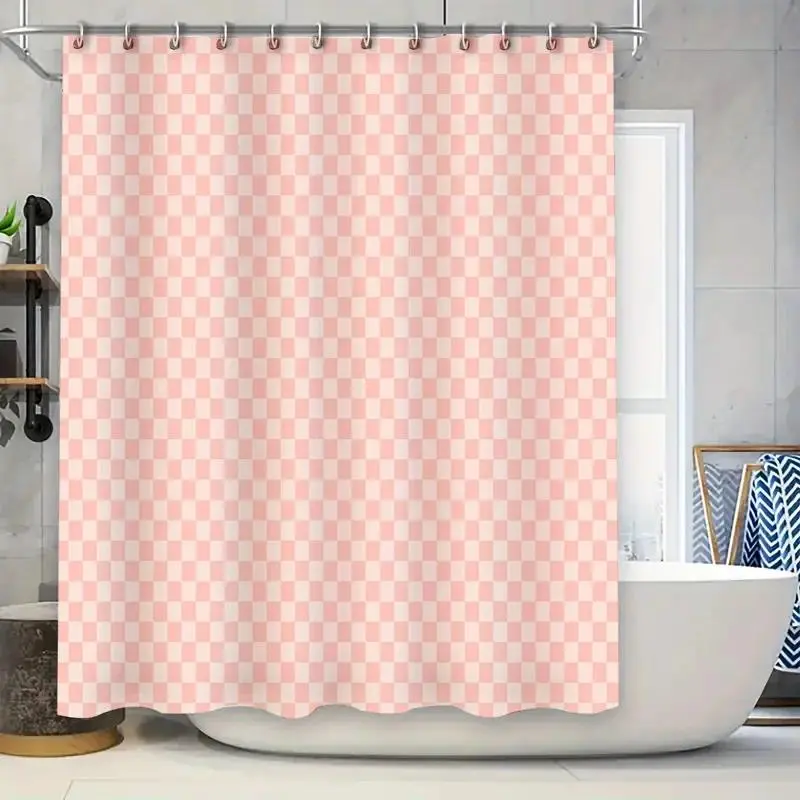 Stylish Checkerboard Pattern Shower Curtain Modern Vintage Farmhouse Grid Design Fabric Bathroom Decor Liner Set with Hooks
