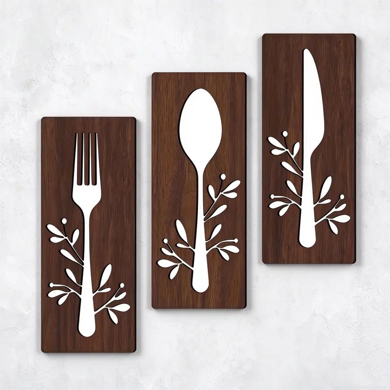 3-Piece Wooden Kitchen Wall Signs, Decorative Plaque, Rustic Farmhouse Design, Fork Spoon Knife Art, Rustic Silhouette Design for Dining Room & Home Decor, House Decor Aesthetic
