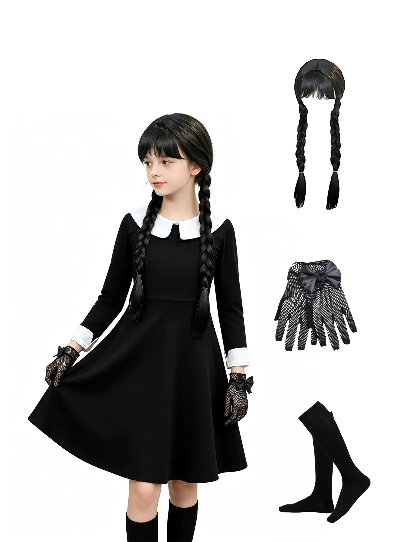 Girls' Gothic Style Long Sleeve Dress Set, Halloween Costume, Escape Room Actor, Includes Socks Gloves Wig, Ages 3-13