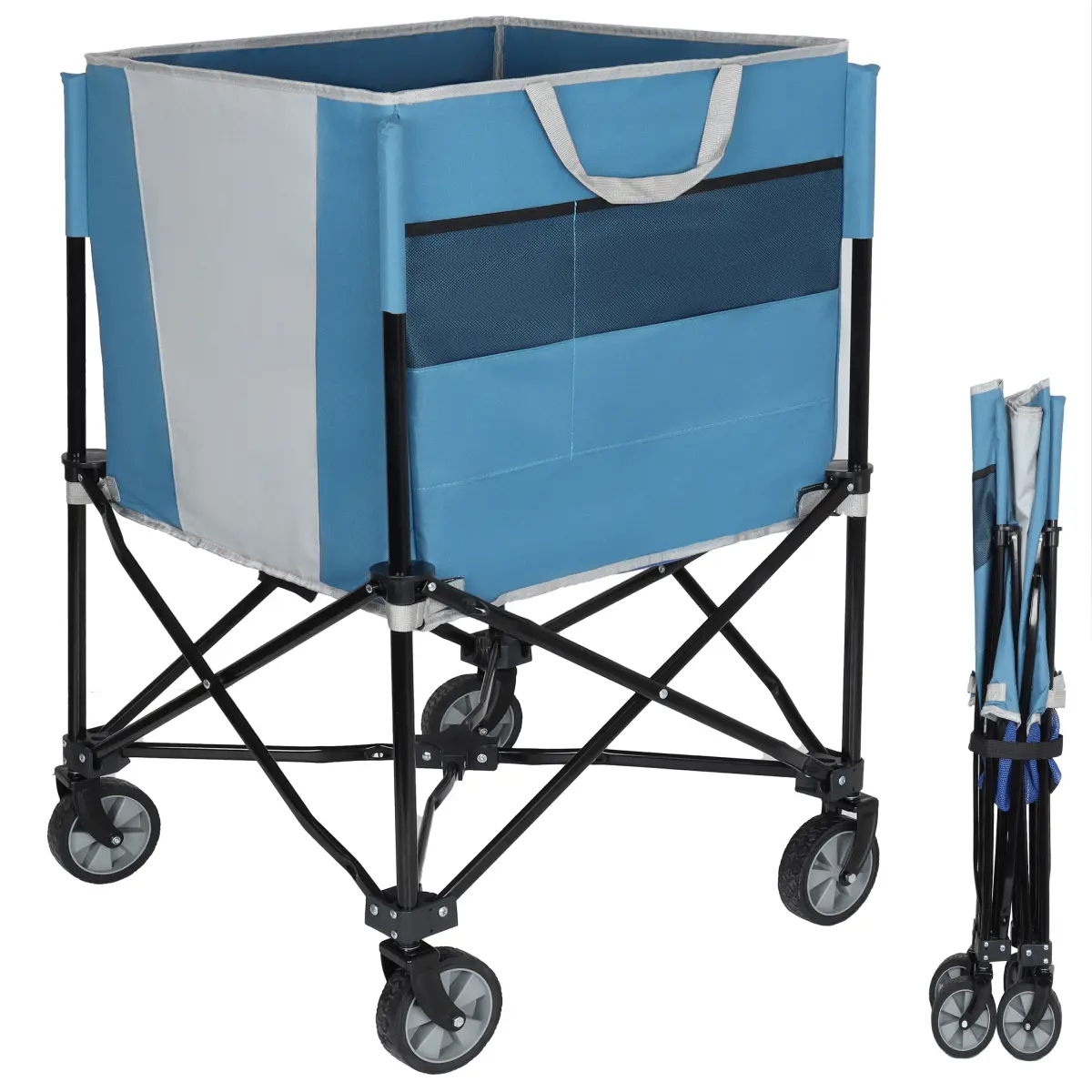 Aobtkel Rolling Ball Storage Cart with Wheels Collapsible Sports Organizer for Tennis Basketball Volleyball 360 °   Swivel 66lbs Capacity Mesh Fabric Lockable X-Frame Side Pockets Portable Gym Court Garage Equipment Gift Idea Blue Gray