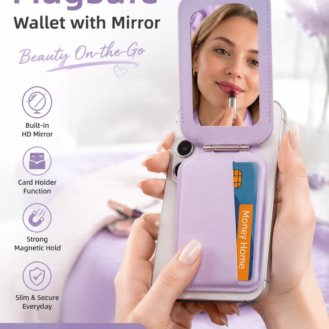 Magnetic Magsafe Wallet, Double Flap Stand Card Holder, 4 Slots with Front NFC Pass-Through, Adjustable Phone Attachment for iPhone 17/16/15/14/13/12, Travel Accessory